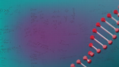 animación de la cadena de adn y ecuaciones matemáticas en fondo azul