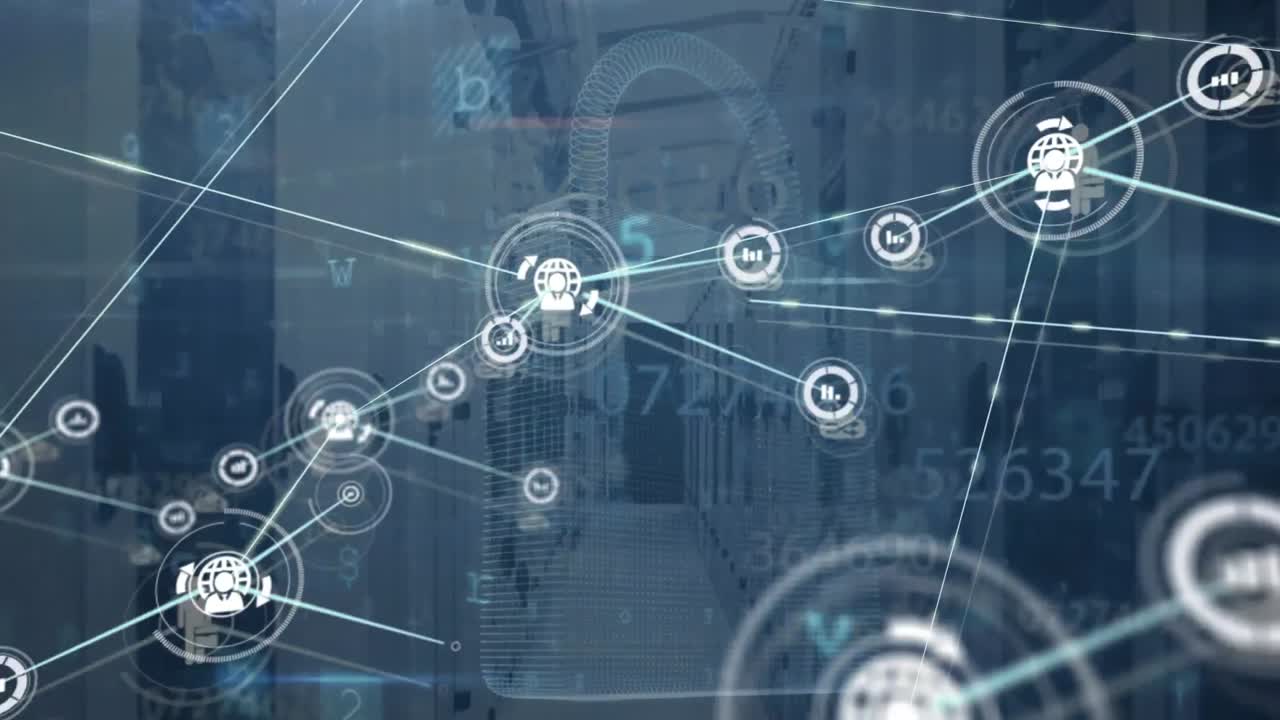 animación de la red de conexiones con iconos y procesamiento de datos a través de servidores informáticos