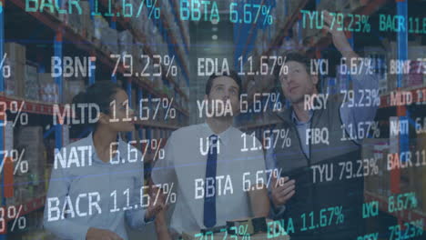 animation of statistics and financial data processing over men and woman working in warehouse