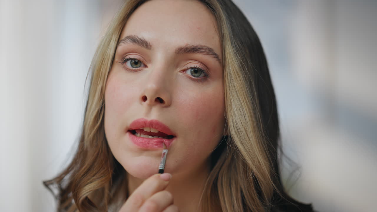 Woman applying lipstick with a lip brush