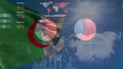animation of financial data processing over flag of algeria
