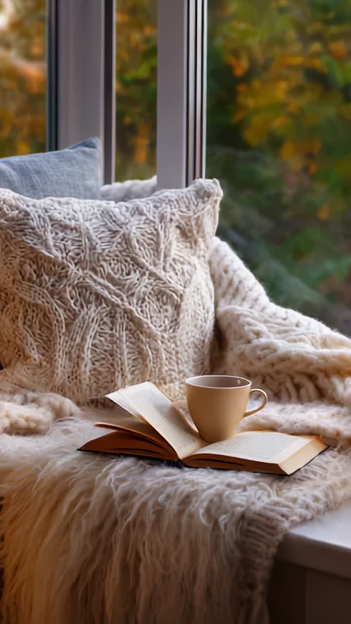 Un rincón de lectura acogedor con una manta de punto, un libro abierto y una taza de té caliente, perfecto para relajarse y disfrutar de la belleza del sol otoñal.