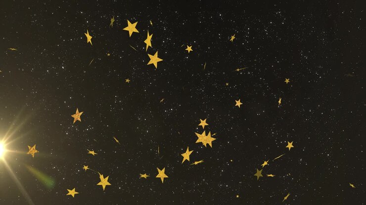 Bagliore dell'obiettivo che dà il via a coriandoli a forma di stella che fluttuano e ruotano verso il basso attraverso un campo stellare oscuro