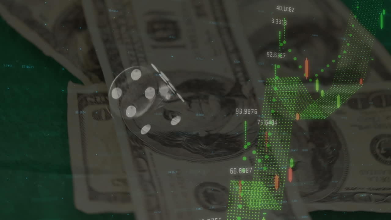 녹색 배경 에 있는 주사위 와 미국 달러 지폐 에 대한 금융 데이터 처리 의 애니메이션