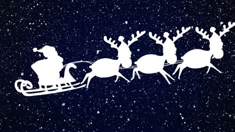 Animation-of-santa-claus-in-sleigh-with-reindeer-moving-over-falling-snow