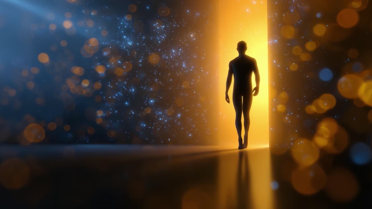 A silhouette emerges from a glowing doorway, symbolizing transformation and the journey from darkness to light, set against a backdrop of shimmering stars