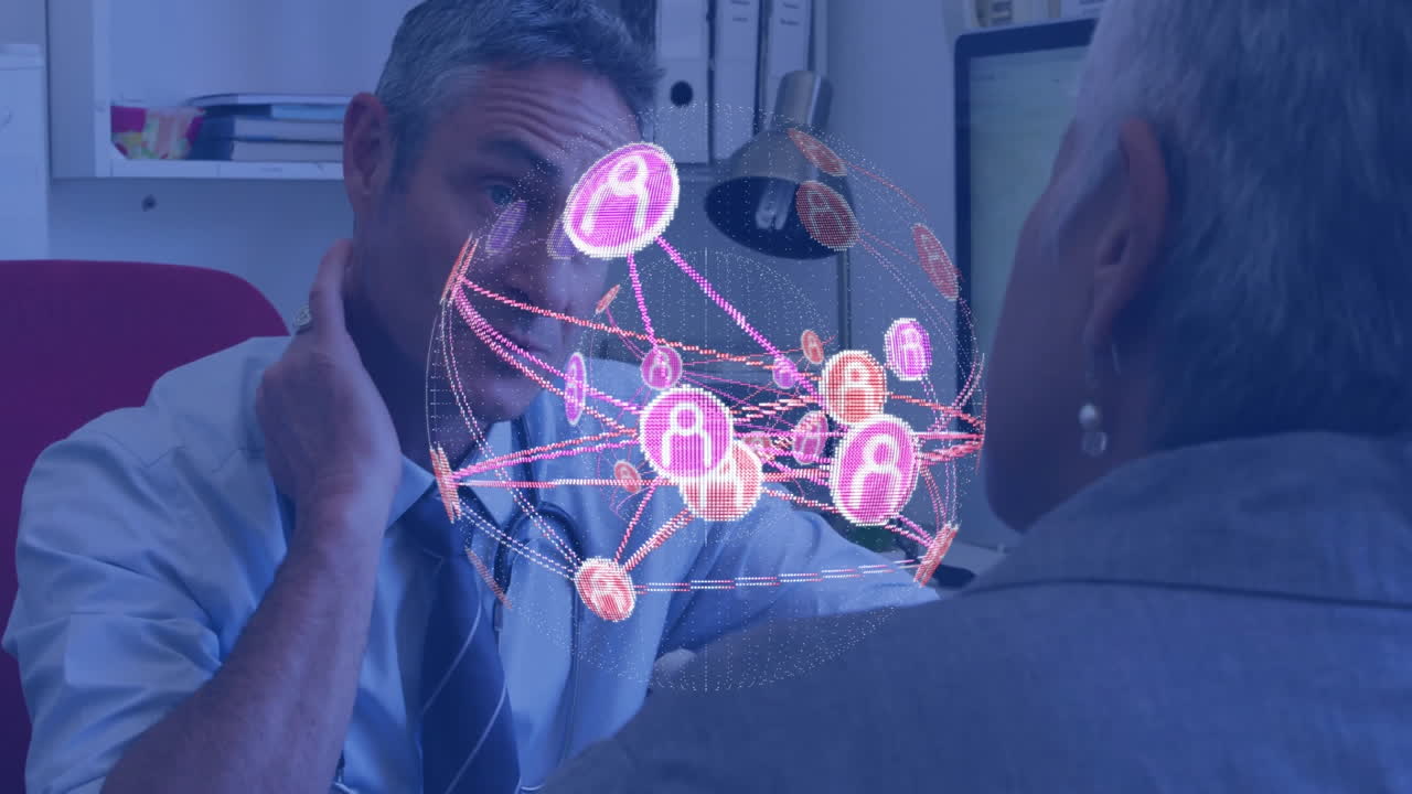 Consulting patient, doctor using digital network connections in hospital setting