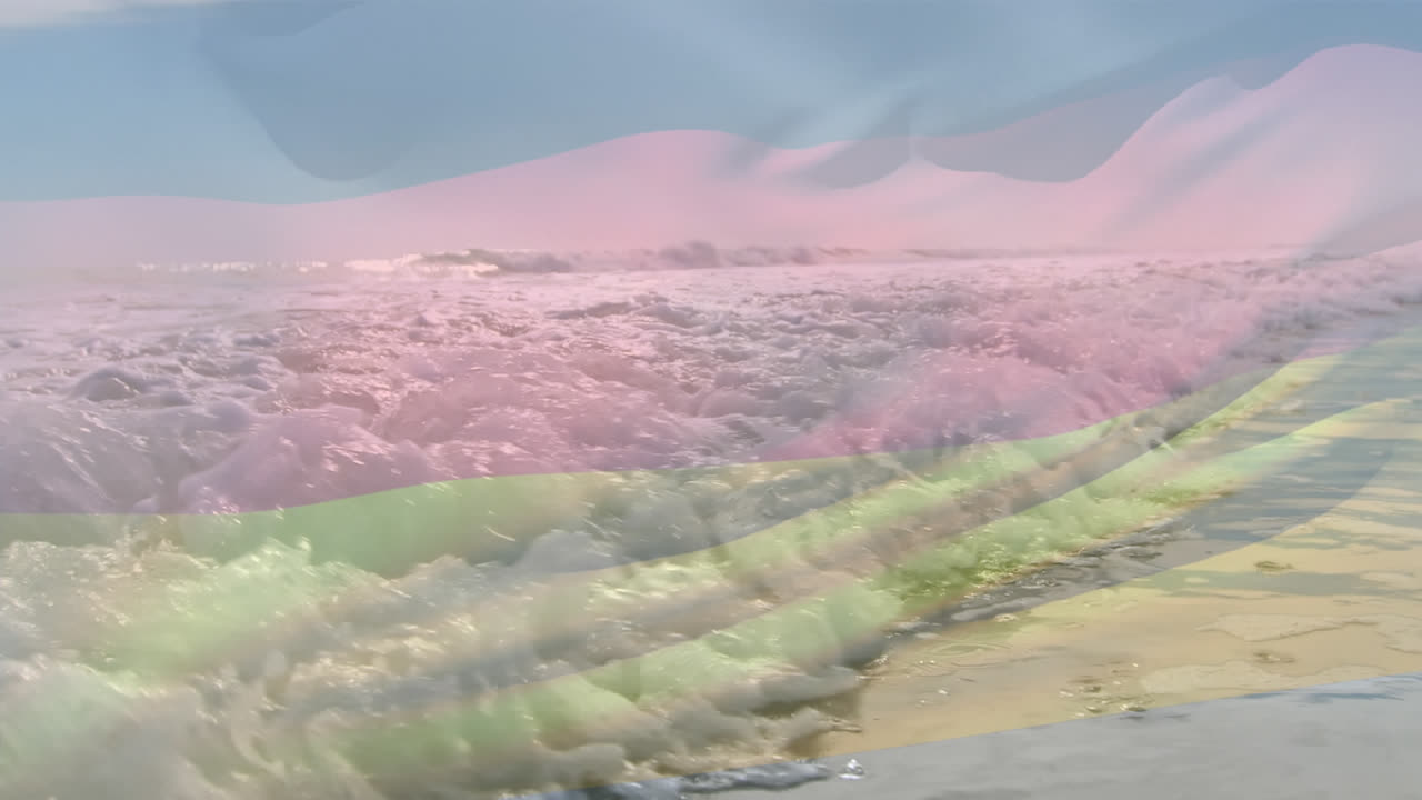 독일 국기가 바다에 부 ⁇ 히는 파도 위에서 흔들리는 애니메이션