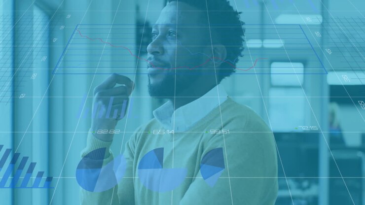 Animation of digital interface showing statistics with man looking through window in an office