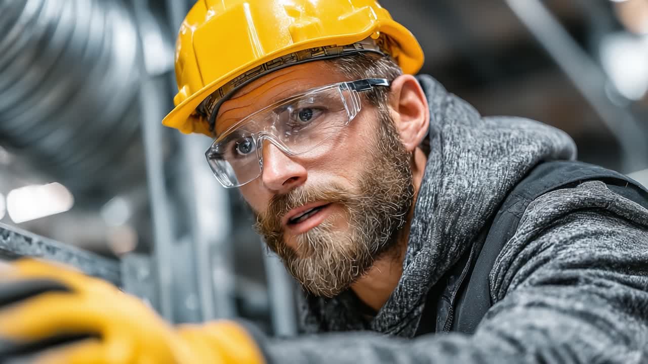 Focused Construction Worker in Safety Gear Concentrates on Task, Wearing Protective Glasses and Hard Hat, Displaying Professionalism in Industrial Environment