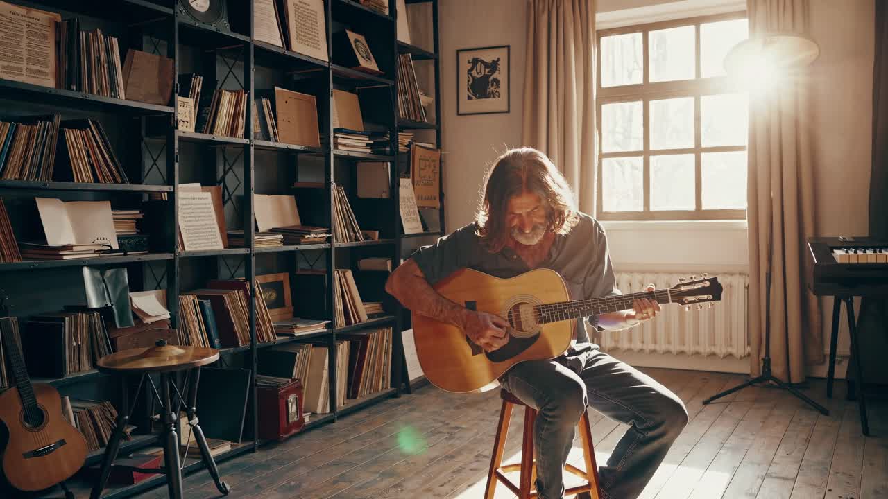 A cozy, vintage-style room with a man playing guitar, captured from a low angle