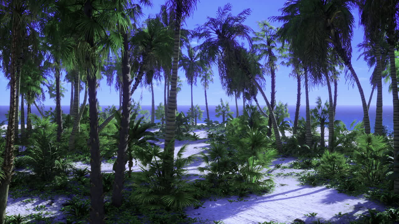 Lush tropical paradise with vibrant foliage and serene ocean view at noon