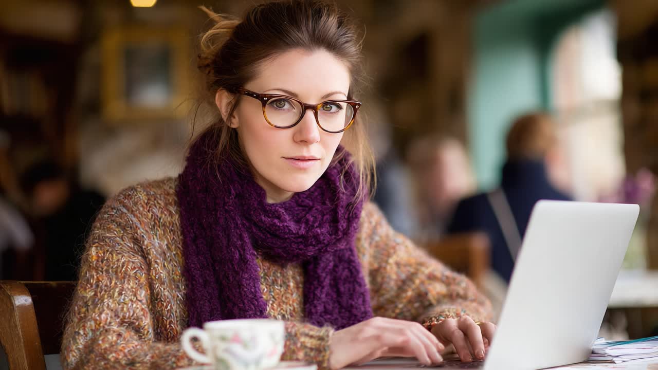 En omtenksom, ung kvinne som jobber flittig på sin laptop i en koselig kafé, omgitt av en varm atmosfære og en kopp te eller kaffe foran seg