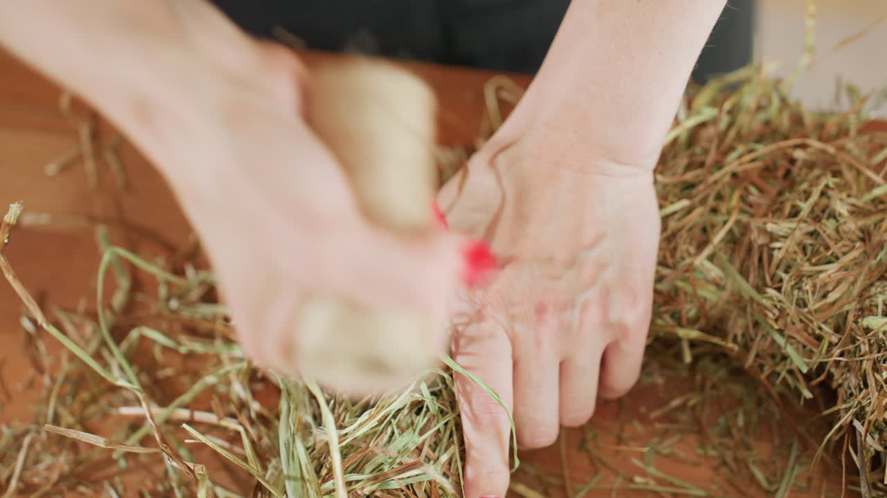 Decorator hand with red nails holding jute twine while arranging dried hay on wooden surface, preparing rustic eco-friendly craft packaging with natural materials, closeup of creative handmade