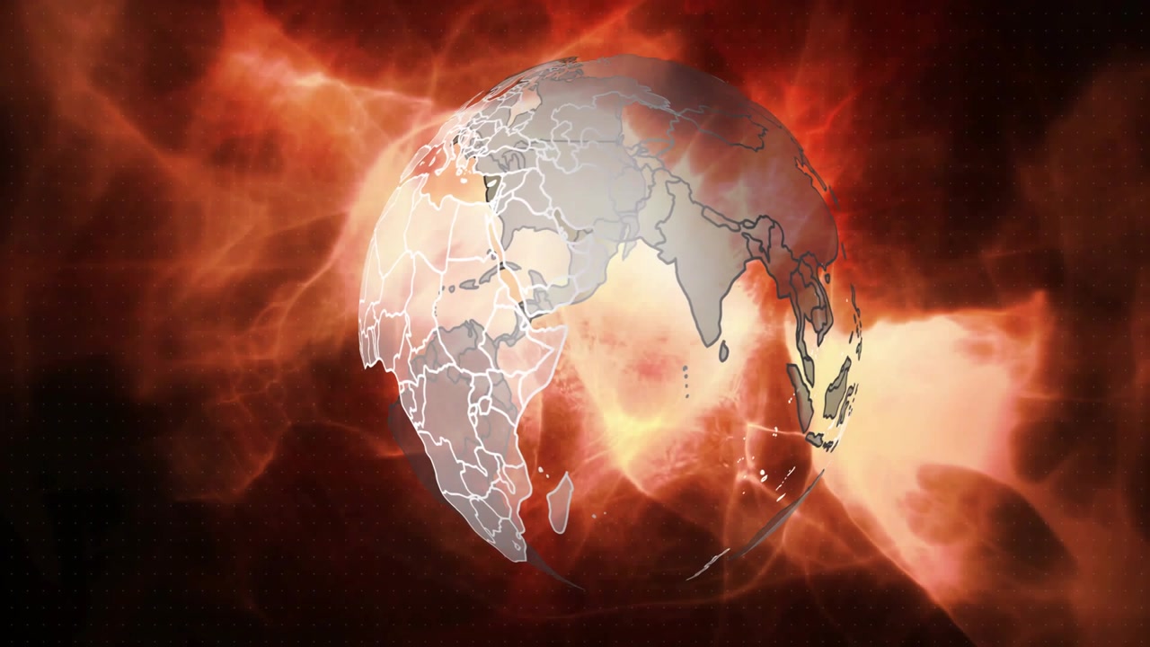 Cyan-magenta arcs appearing rings forming globe entering rotating and shifting left for news opener