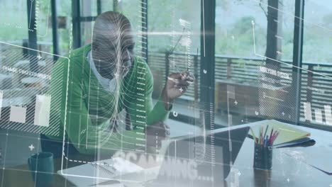 Animation-of-hud-screen-with-computer-language-over-african-american-stressed-man-looking-at-laptop