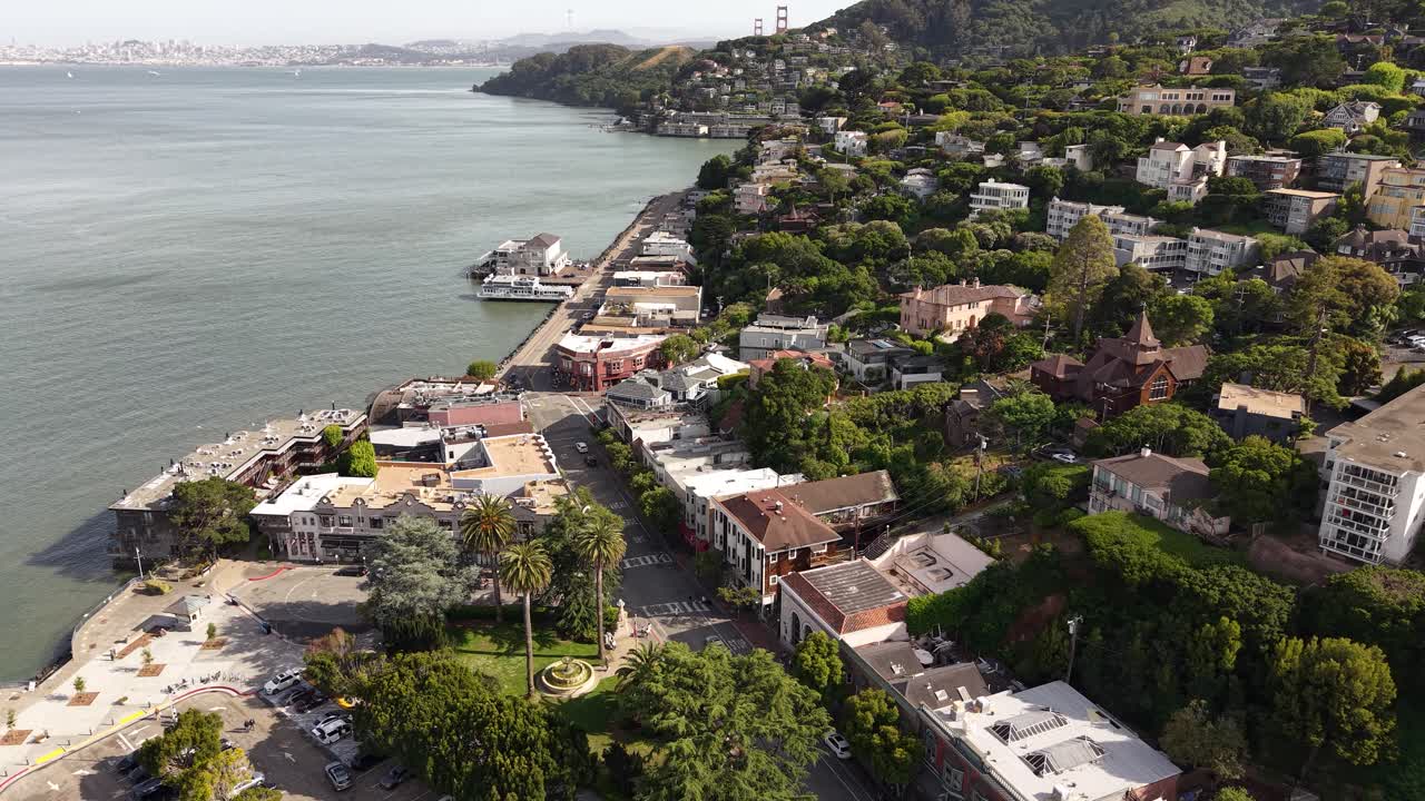 Aerial View of Sausalito, California USA, Coastal Buildings and Street Traffic, Drone Shot