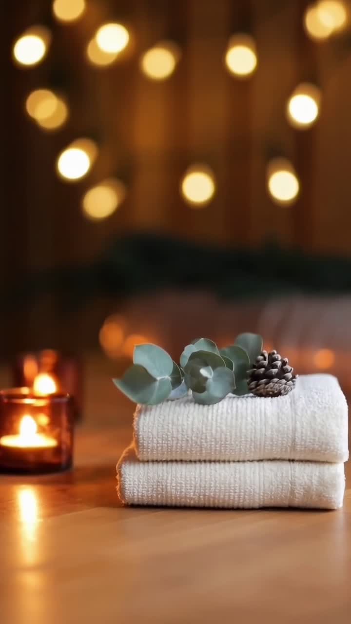 Hyggelig spa-scene med stearinlys og håndklæder, fanget i øjenhøjde. Perfekt til en afslapningsvideo. Live