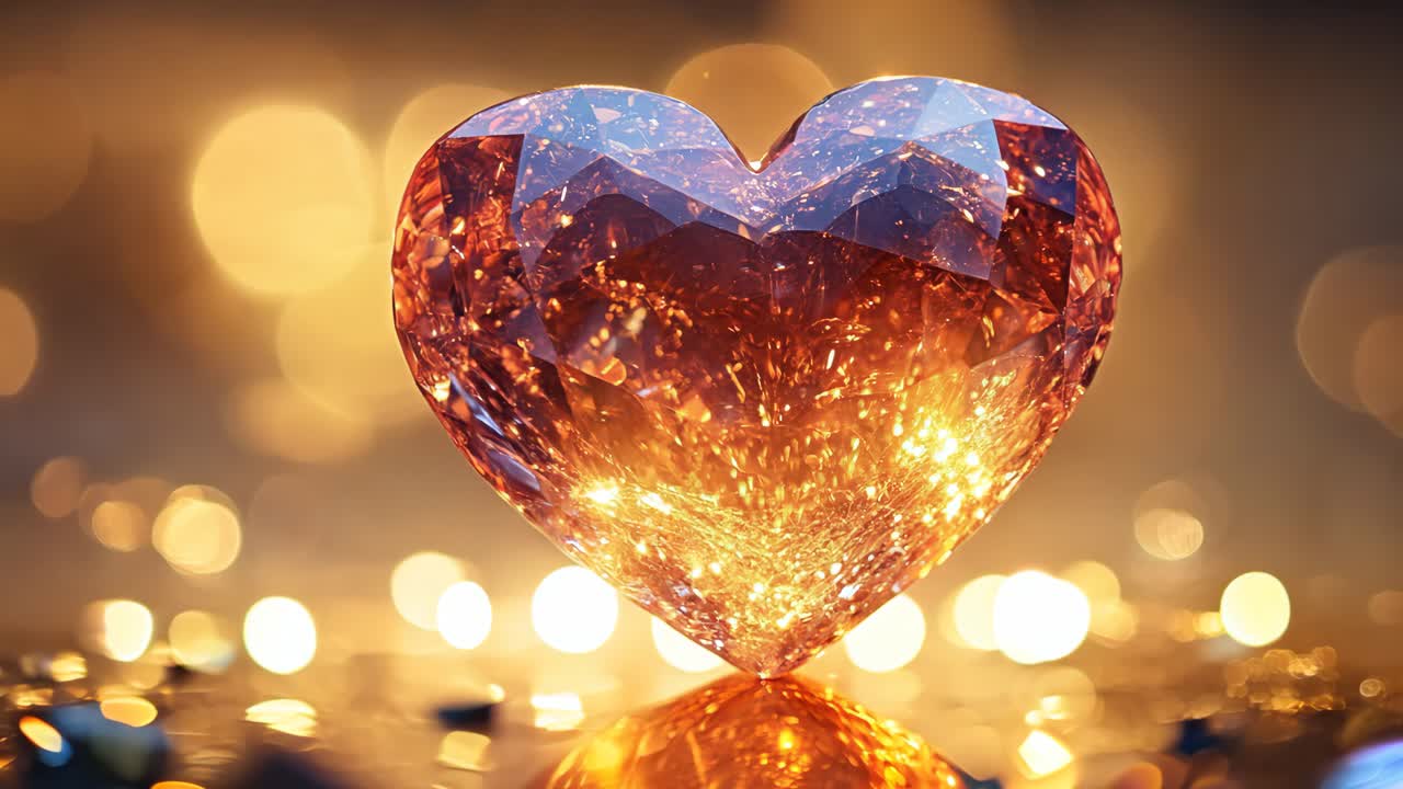 A heart made of diamonds is lit up with a warm glow. Concept of love and warmth, as the diamond heart is surrounded by a dark background. The glowing diamonds give the impression of a precious