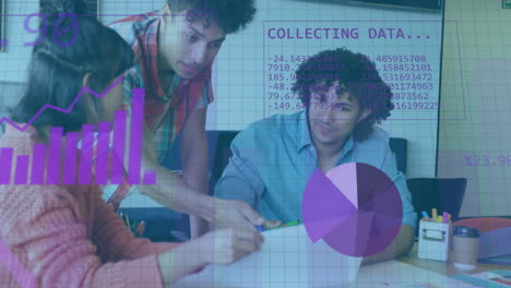 Animation of data processing and diagrams over diverse colleagues discussing work in office