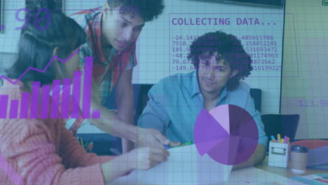 animation of data processing and diagrams over diverse colleagues discussing work in office