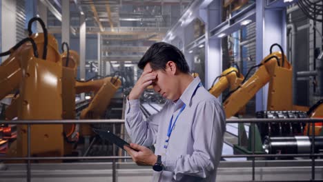 side view of an asian male professional worker standing with his tablet with industrial robotic arms working, checking with dissapionted and nodding his head