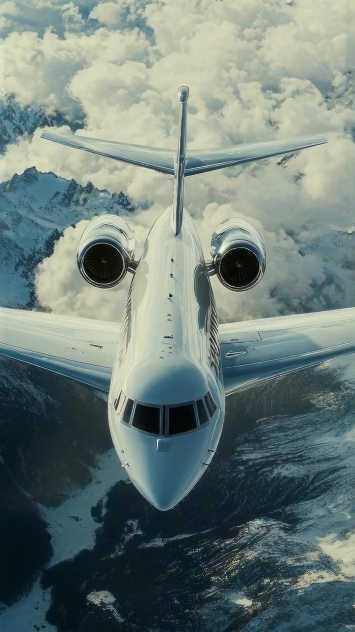 Privéjet vliegt over besneeuwde bergtoppen