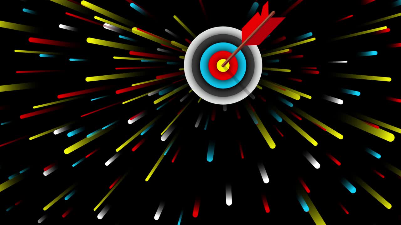 4k 영상에서 검은색 바탕에 표적 중앙에 다트보드와 빨간색 다트 화살표.