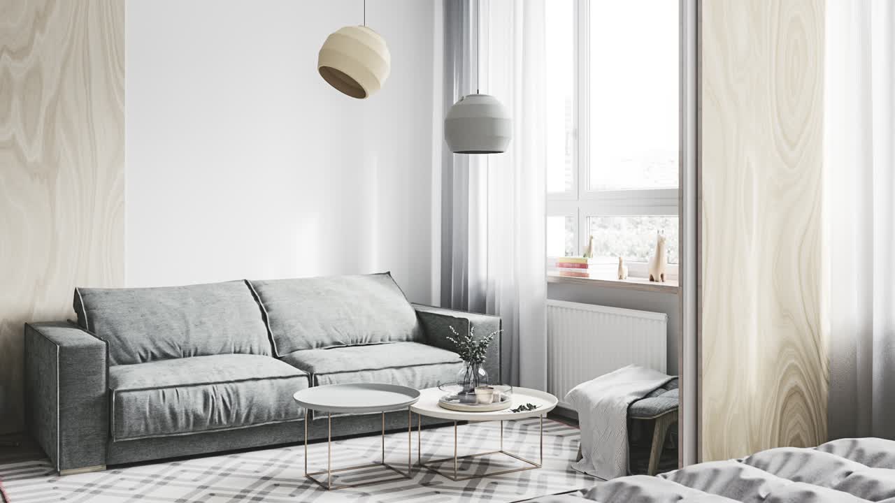 Design d'interni di un soggiorno in stile scandinavo con mobili sui toni del grigio