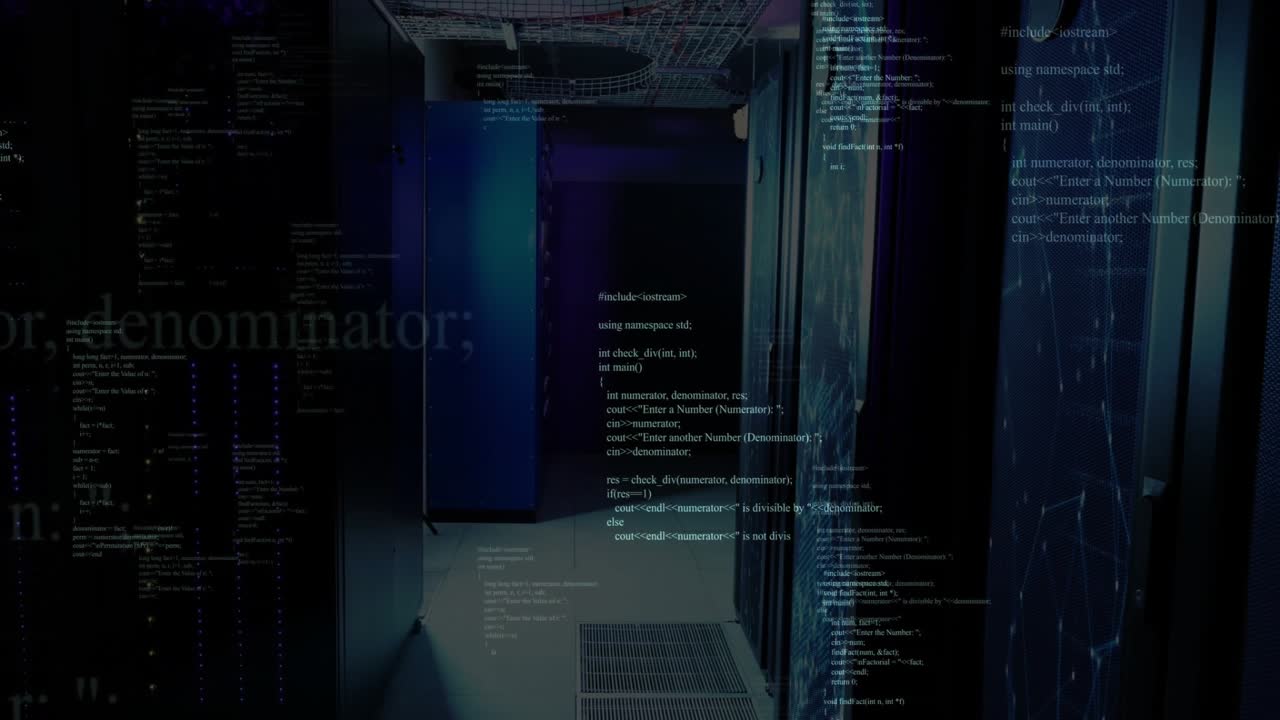 Dimly lit data center corridor until frame two fading and scrolling code overlays showing data flow