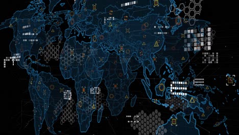 Digital-animation-of-data-processing-over-world-map-against-black-background