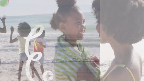 animation of shapes over african american family at beach
