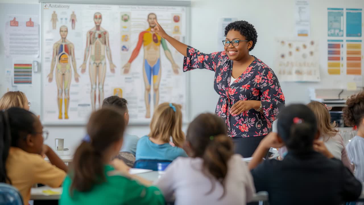 Pointing from torso to leg on anatomy chart, teacher starting lesson in classroom, copy space