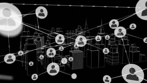 animation of network of connections with icons over 3d architectural drawing of city in background