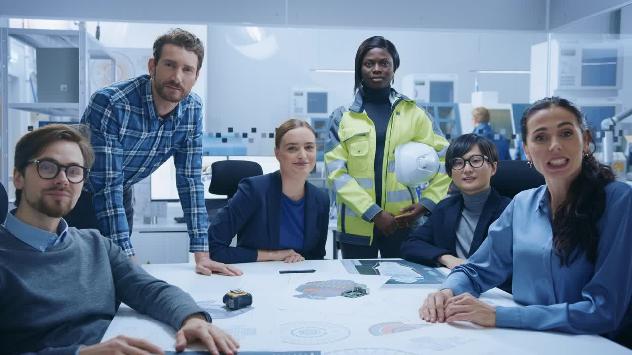 reunión de fábrica videoconferencia pov: equipo diverso y multiétnico de ingenieros, gerentes, especialistas hablan mientras miran a la cámara. fondo fábrica industrial de electrónica moderna de alta tecnología