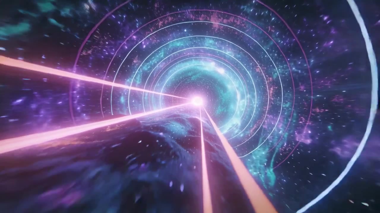 Aloitussekvenssi, jossa kamera kiitää neonrenkaiden läpi kohti portaalia, näyttäen magentanvärisiä säteitä.