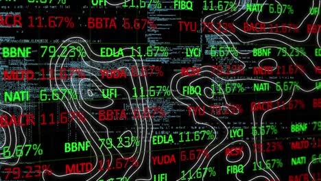 Animation-of-financial-stock-interface,-over-topographical-map-and-data-processing