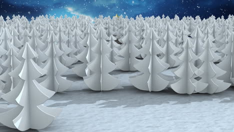 animation of snow falling over multiple trees on winter landscape against night sky