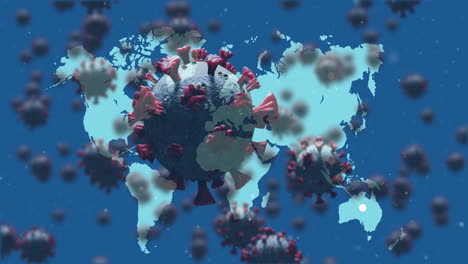 multiple covid19 cells floating against world map on blue background