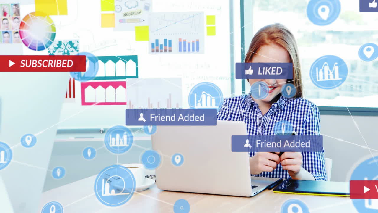 Using smartphone and laptop, woman receiving social media notifications  animation in office