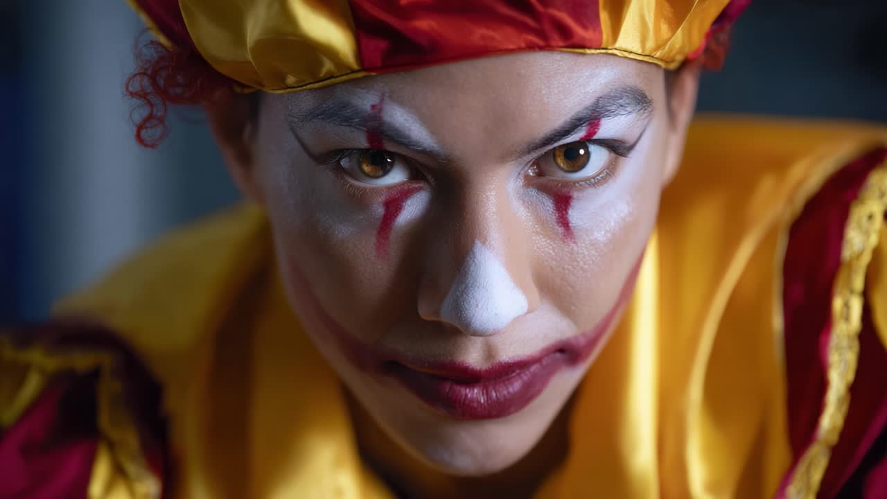 Intense Expression of a Clown Character in Close-Up, Showcasing Vivid Makeup and Emotion in a Captivating Portrait Shot Captured from Multiple Angles