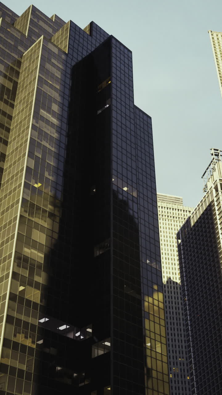Skyscrapers reflecting sunlight in a bustling urban area at midday