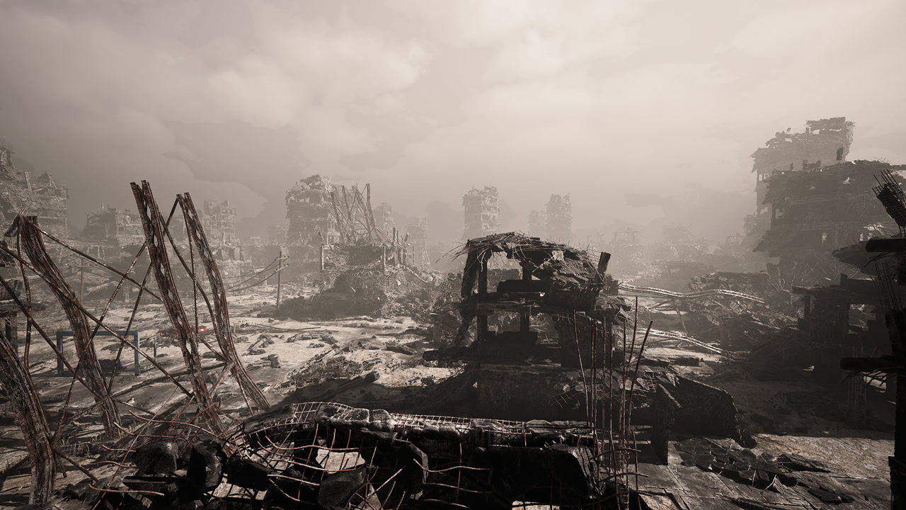 Wreckage of burnt vehicle sprawled across debrisstrewn roadway after disaster