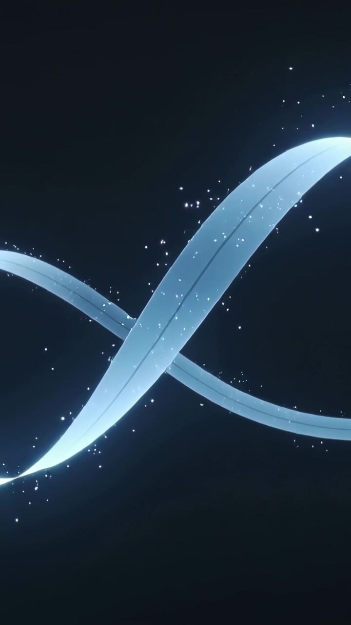 Vertical video: Crossing luminous ribbons emitting sparkles while undulating over navy backdrop