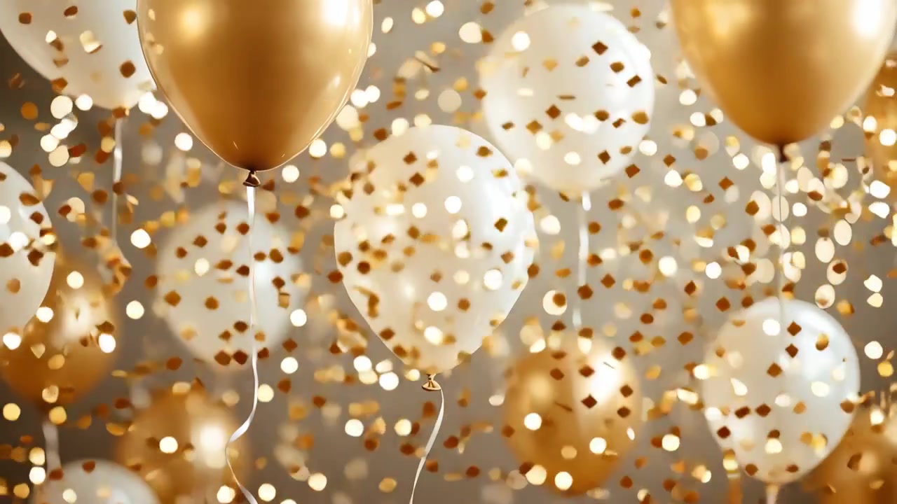 Palloncini dorati e bianchi con coriandoli in caduta e luci bokeh