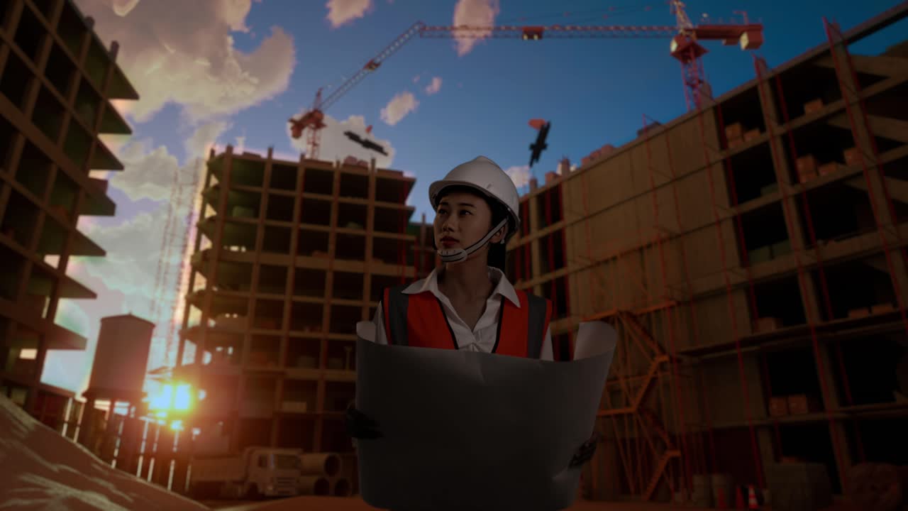 ingeniera asiática con casco de seguridad mirando el plano en sus manos y mirando a su alrededor mientras está de pie en el sitio de construcción, durante la puesta o el amanecer