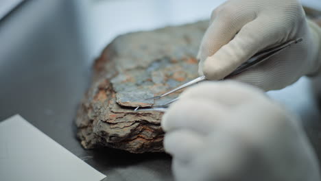 scientist examining a rock sample in a laboratory setting