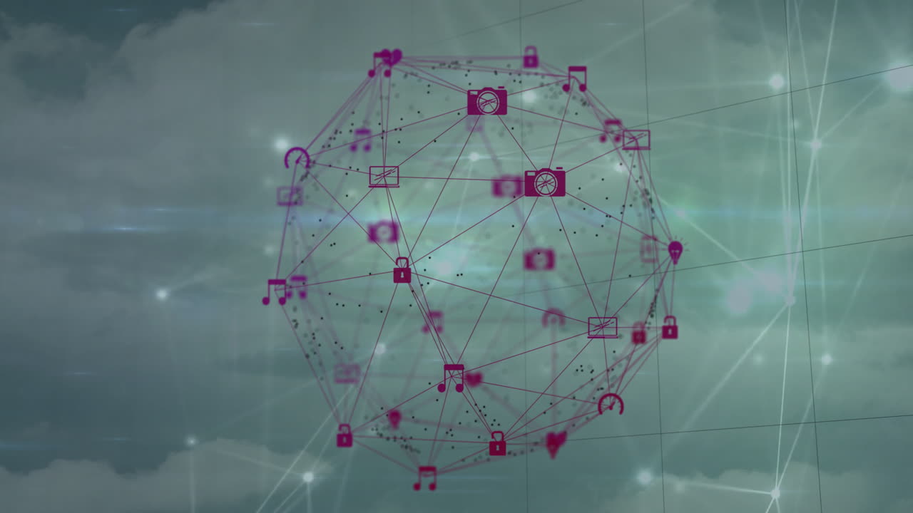 Animation of digital network sphere with music and lock icons in sky background