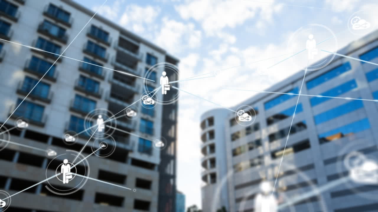 Animation of network of connections over cityscape