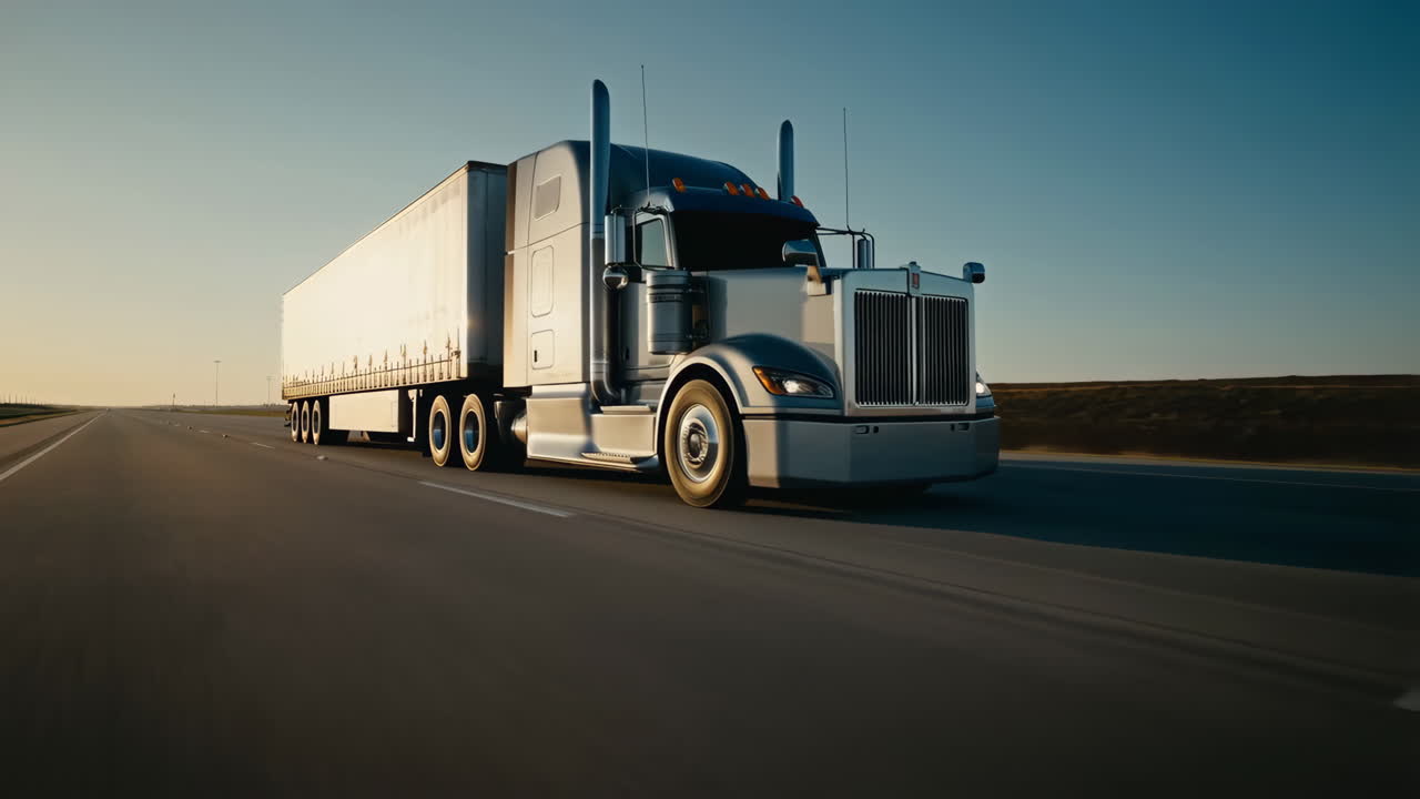 Semi-Truck Driving on an Open Highway at Sunset